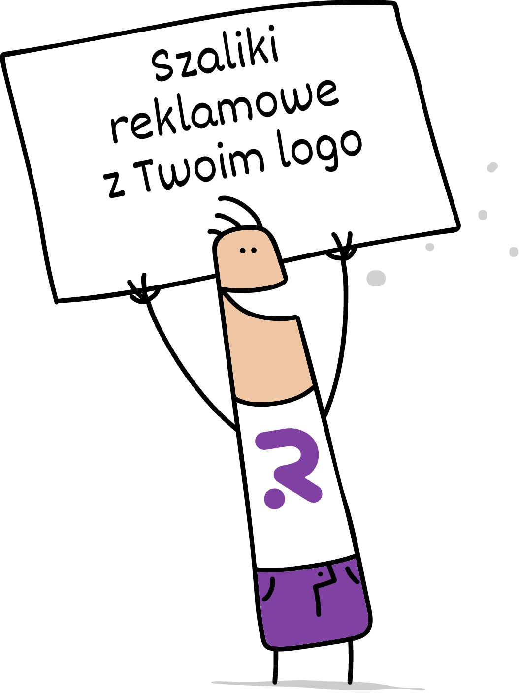 Buddy trzymający napis szaliki reklamowe z Twoim logo